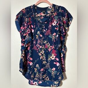 Ana Women's Floral Navy Tie Front Short Flutter Sleeves Size Large Cottagecore